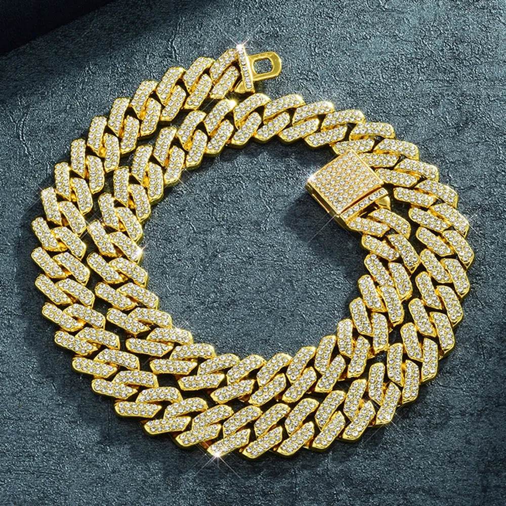 Box Buckle 14mm Bar Cuban Link Chain Bracelet and Necklace 2pcs