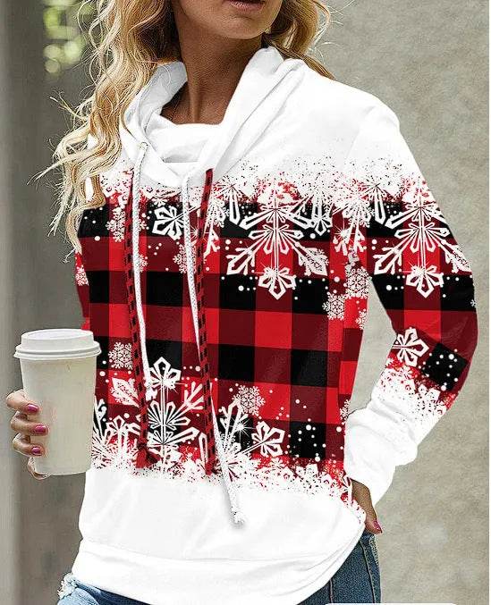 New Fashion Women's Pile Collar Printed Hoodie Pullover Top