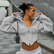 Y2K Slim-Fit Zip-Up Corset Hoodie – Long Sleeve Street Fashion Cardigan in Grey & White (S–L)