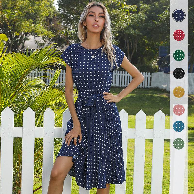 Summer Women Polka Dot Short Sleeve Dress Casual Pleated Midi Dresses Elegant Green Office Lady Clothing