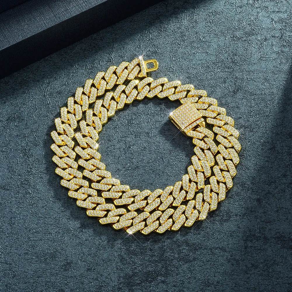 Box Buckle 14mm Bar Cuban Link Chain Bracelet and Necklace 2pcs