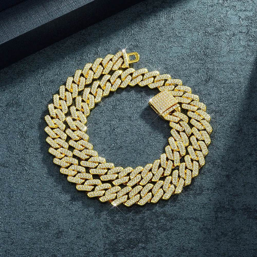 Box Buckle 14mm Bar Cuban Link Chain Bracelet and Necklace 2pcs
