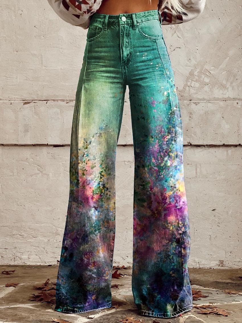 Graphic Printed Pants for Women – Stretch Denim Look Casual Trousers