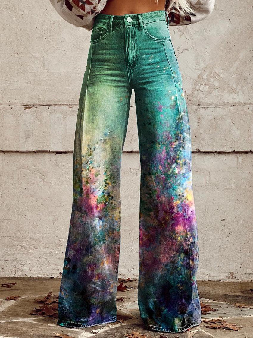 Graphic Printed Pants for Women – Stretch Denim Look Casual Trousers