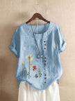 Women's Casual Printed Cotton Linen Short Sleeve Blouse Top