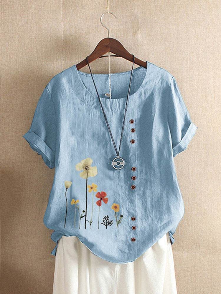 Women's Casual Printed Cotton Linen Short Sleeve Blouse Top
