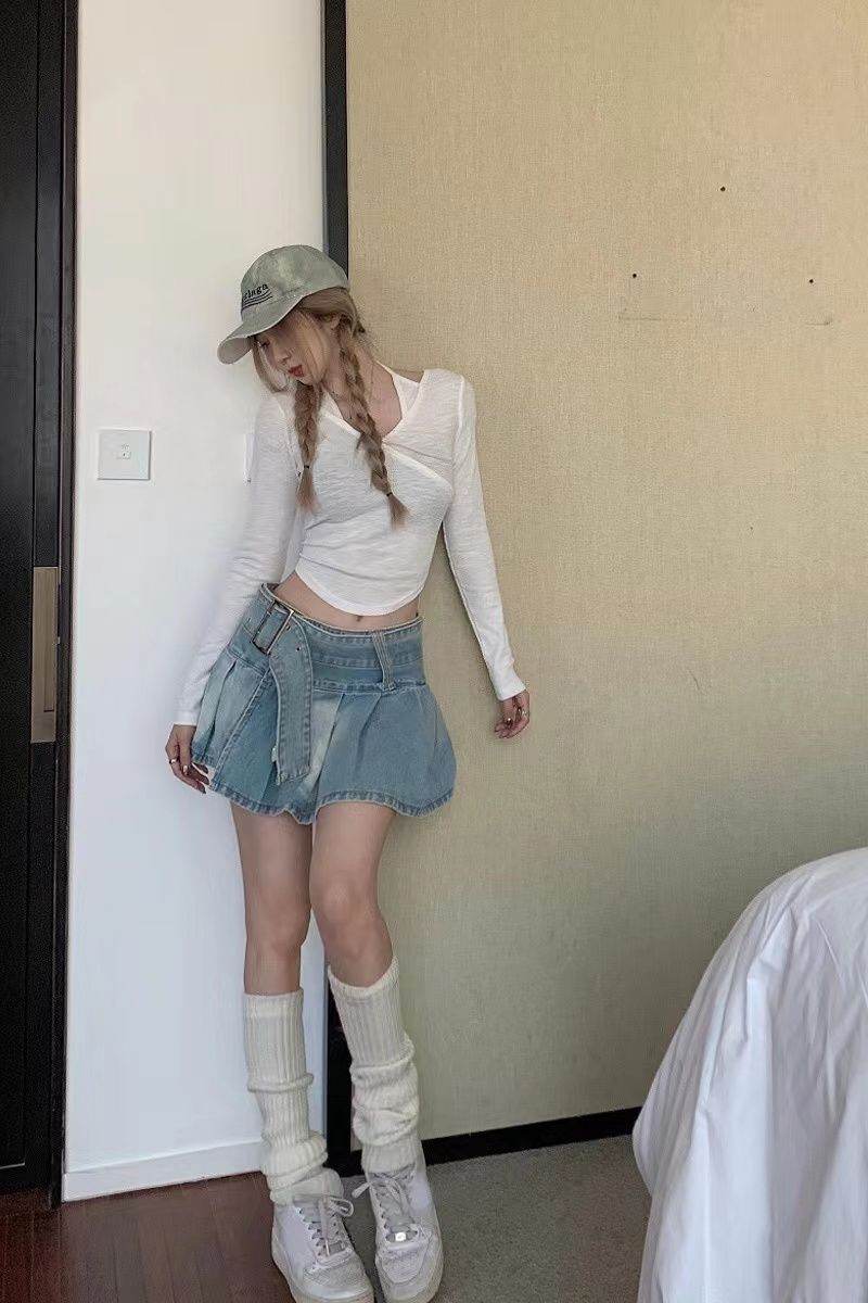 High Waist Slimming Denim Pleated Mini Skirt