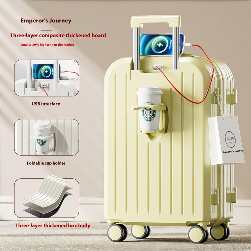 Multifunctional Smart Carry-On Suitcase with USB Port, Cup Holder & Spinner Wheels
