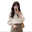 Women's V-Neck Crochet Linen Blouse – Long Sleeve Loose Boho Top