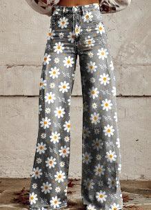Women's Graphic Print Wide Leg Distressed Denim Pants – Plus Size Straight Leg Casual Jeans