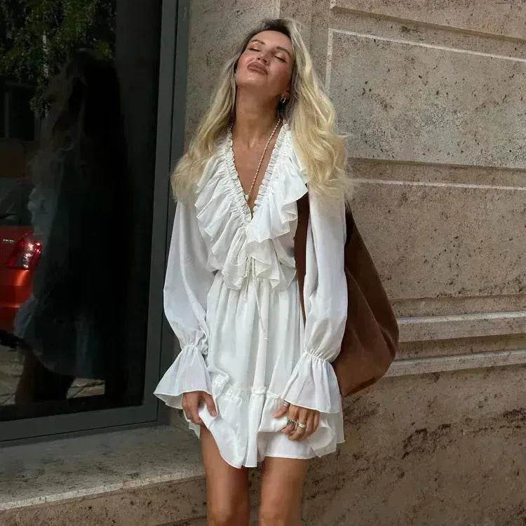 Casual Fashion V Neck Pleated Ruffle Long Sleeve Dress Y2K V Neck Flared Sleeve Short Mini Skater Dress Women's Clothing