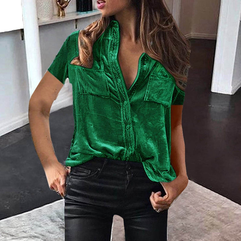European And American Spring And Summer Pocket Short Sleeve Suede Shirt For Women