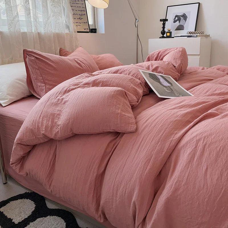 Solid Colour Sanding Washed Cotton 4-Piece Duvet Cover Bed Set