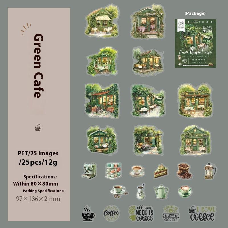 Cafe Series PET Decorative Sticker Pack – Retro Coffee Shop Journal & Scrapbook Stickers (25 pcs)