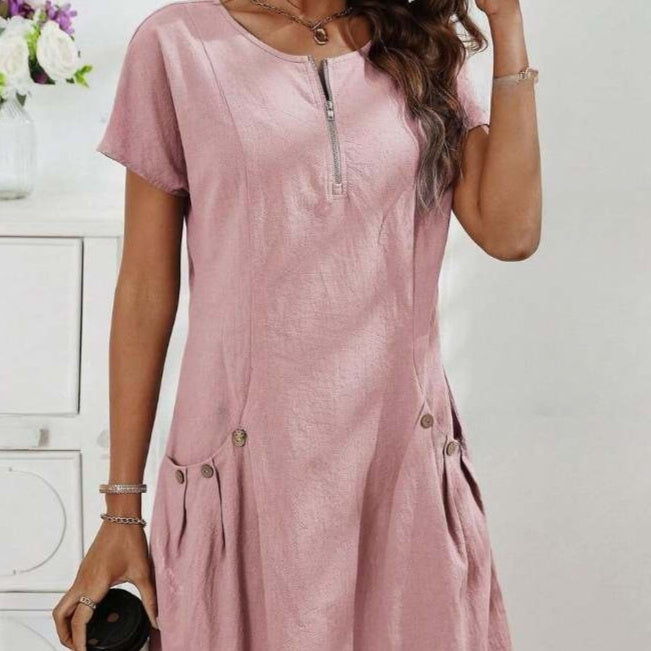Women's Short-Sleeve Casual Dress with Pockets & Zipper – 12 Colors, S–3XL
