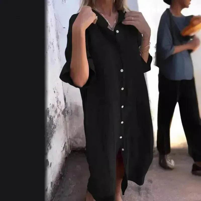 Women's Cotton Linen Shirt Dress – Loose Casual Button-Down A-Line Dress