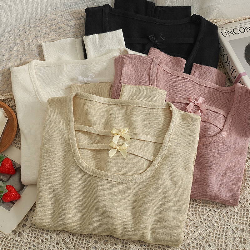 Women's Bow Knit Sweater – Long Sleeve Low Neck Knitwear