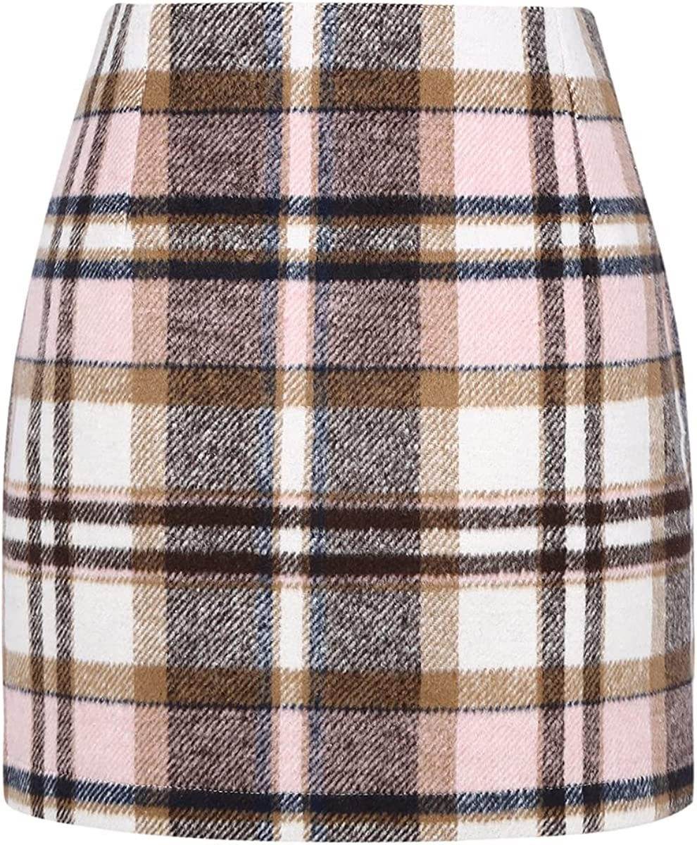 Women's High Waist Plaid Tight Pencil Wool Mini Skirt