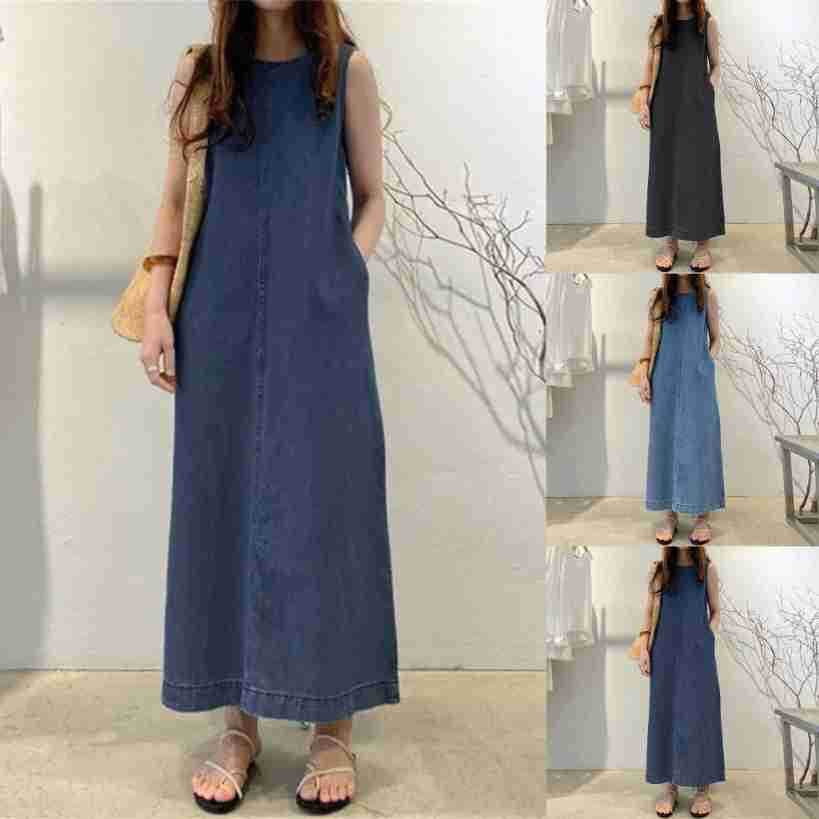Women's Fashion Sleeveless Mum loose Long Denim Dress