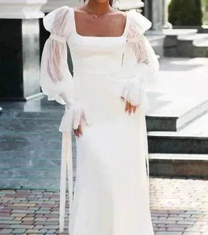 Women's Ruffled Long Sleeve Banquet Temperament High Waist Mop White Wedding  Party Fish Tail Styled  Dress Mermaid Dress