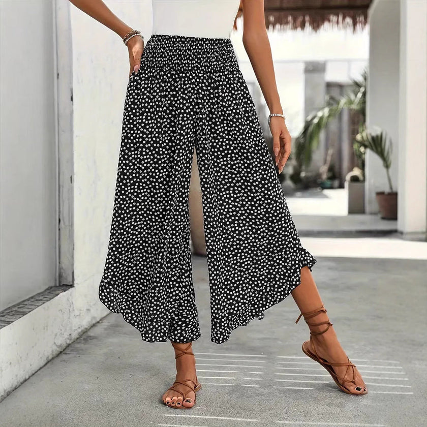 Women's Floral Smocked High Waist Wide Leg Palazzo Pants – Boho Casual Trousers S–XXL
