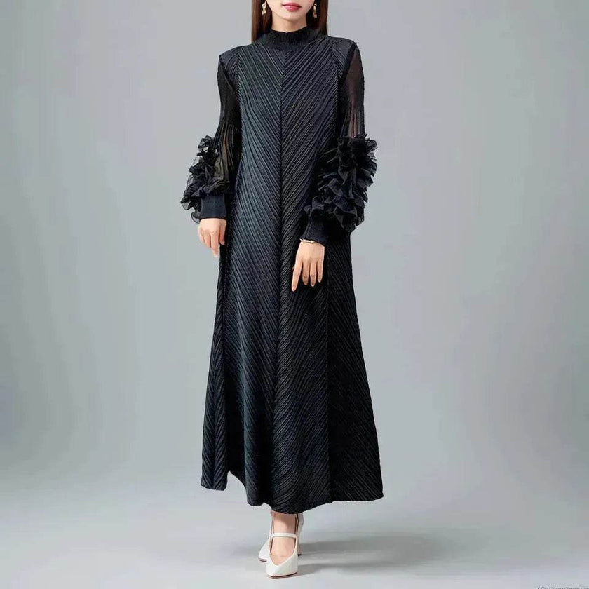 Middle East Plate Flower Loose Plus Size Pleated Extended Dress Oganza Long Sleeve Maxi Dress for Occasional events