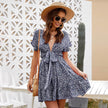 Casual Deep V-neck Short Sleeve Tie belt Floral Summer Mini Dress