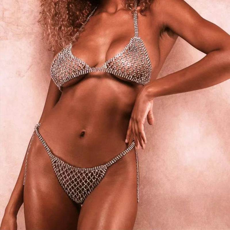 Lingerie Nightclub Body Chains – Diamond Rhinestone Bra and Panties Set
