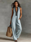 Women's Sleeveless Linen-Blend Jumpsuit – Loose Wide-Leg, Full Length