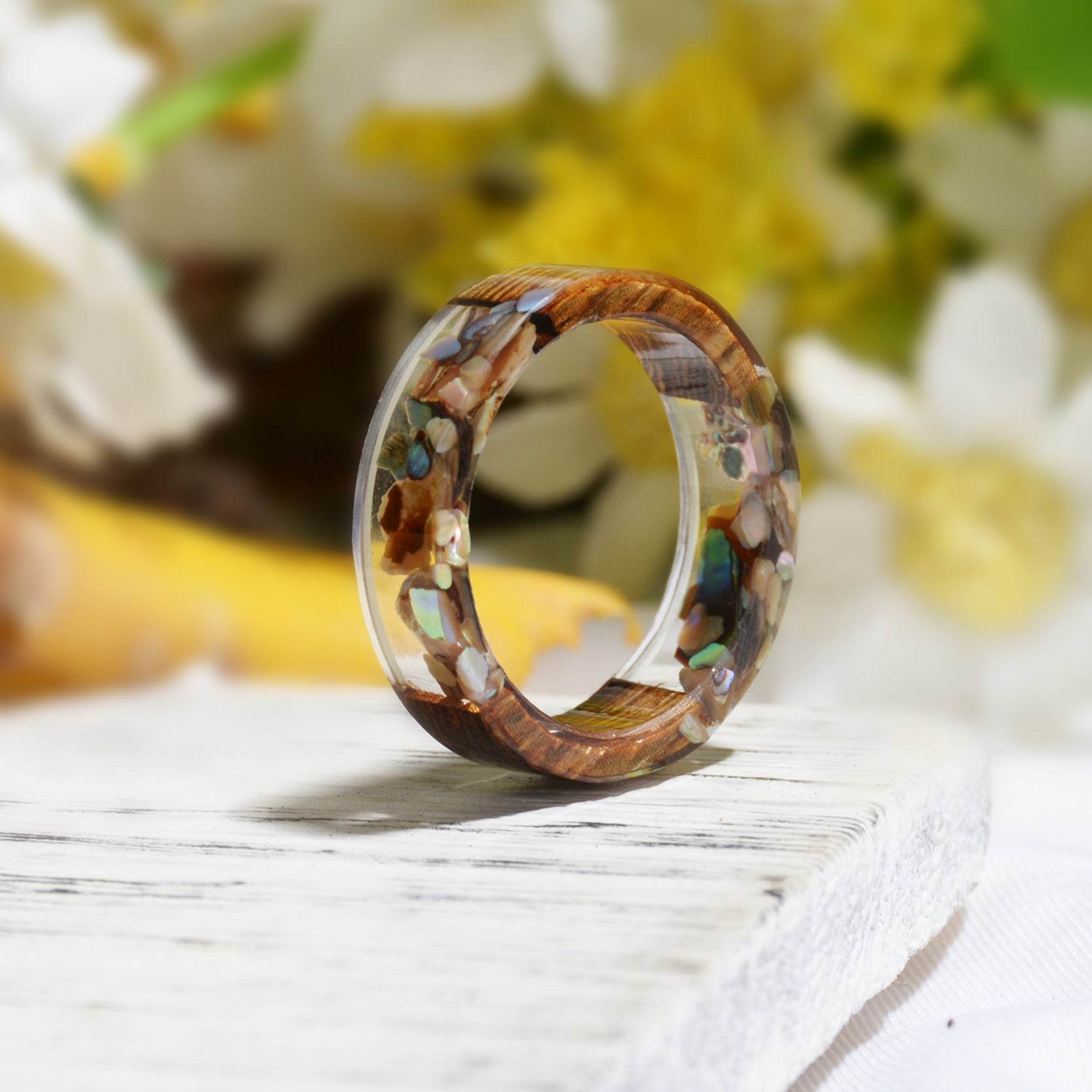 Cross-border Foreign Trade New Wood Resin Ring Diy Handmade Dried Flower Epoxy Ring