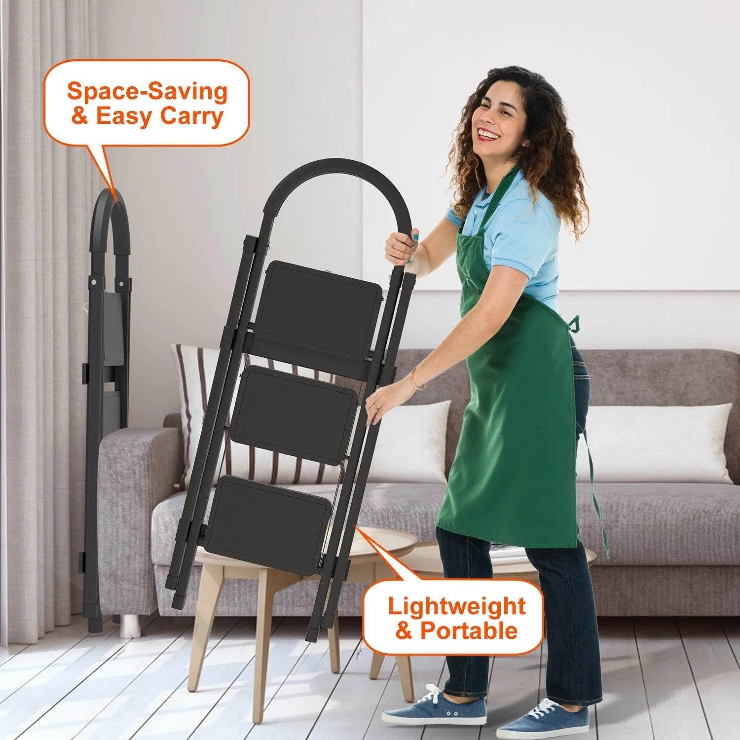 3-Step Folding Ladder, 330lbs Load Capacity, Lightweight 6.94lbs With 1.57in Folding Width, Heavy Duty Steel Construction, Non-Slip Pedals & Feet, Safety Lock, Multi-Use For Home Kitchen Living Room