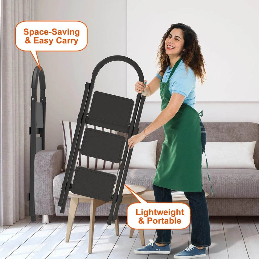 3-Step Folding Ladder, 330lbs Load Capacity, Lightweight 6.94lbs With 1.57in Folding Width, Heavy Duty Steel Construction, Non-Slip Pedals & Feet, Safety Lock, Multi-Use For Home Kitchen Living Room