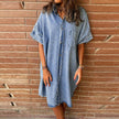 Women's Solid Color Single Row Multi-buckle loose Dress Short Sleeve Denim