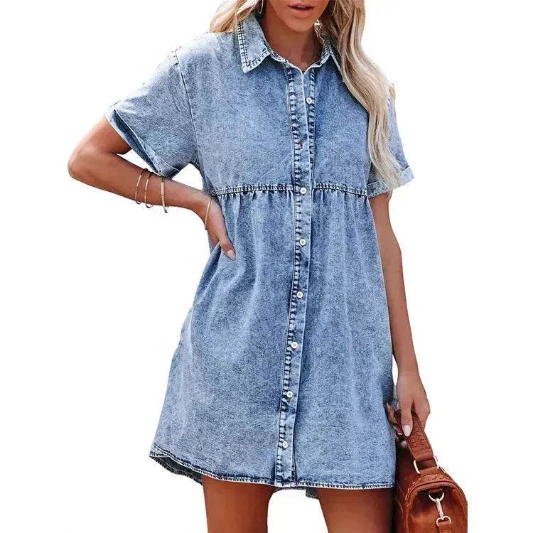 European And American Washed Denim Lapel Ruffled Denim Dress Jeans Flared dress Casual Denim mini dress