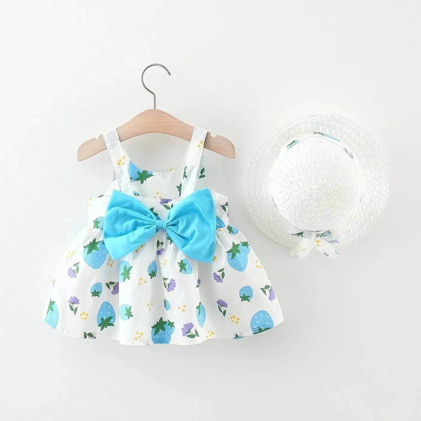 Baby Girl Floral Princess Dress with Matching Hat – Cotton Suspender Sundress for Toddlers