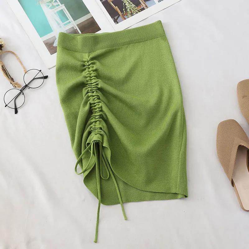 Hot Girl Hip Skirt Design High Waist With Straps Stretch Knitted Women's Mini Drawstring Split Skirt