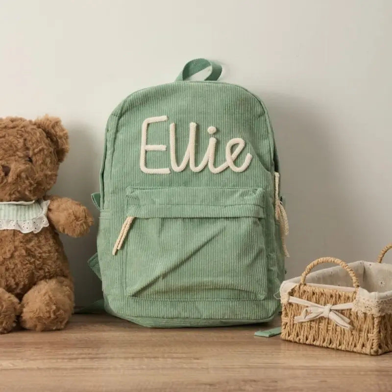 Personalised Children's School Bag – Cartoon Name Backpack (Beige, Blue, Green, Pink)