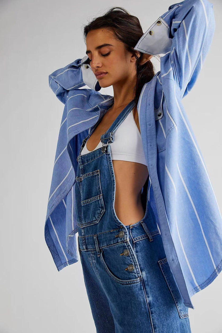 Women's High-Waisted Jumpsuit Overalls With Pockets Loose Fit Denim Trousers Casual Straight Leg Pants