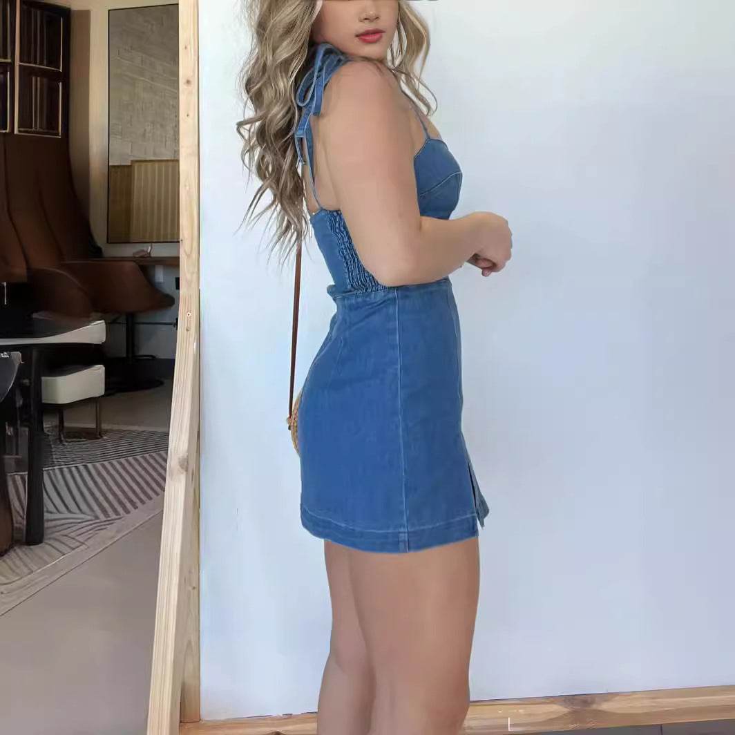 Fashion Slim Fit Slit Sling Denim Mini  sleeveless Dress Women