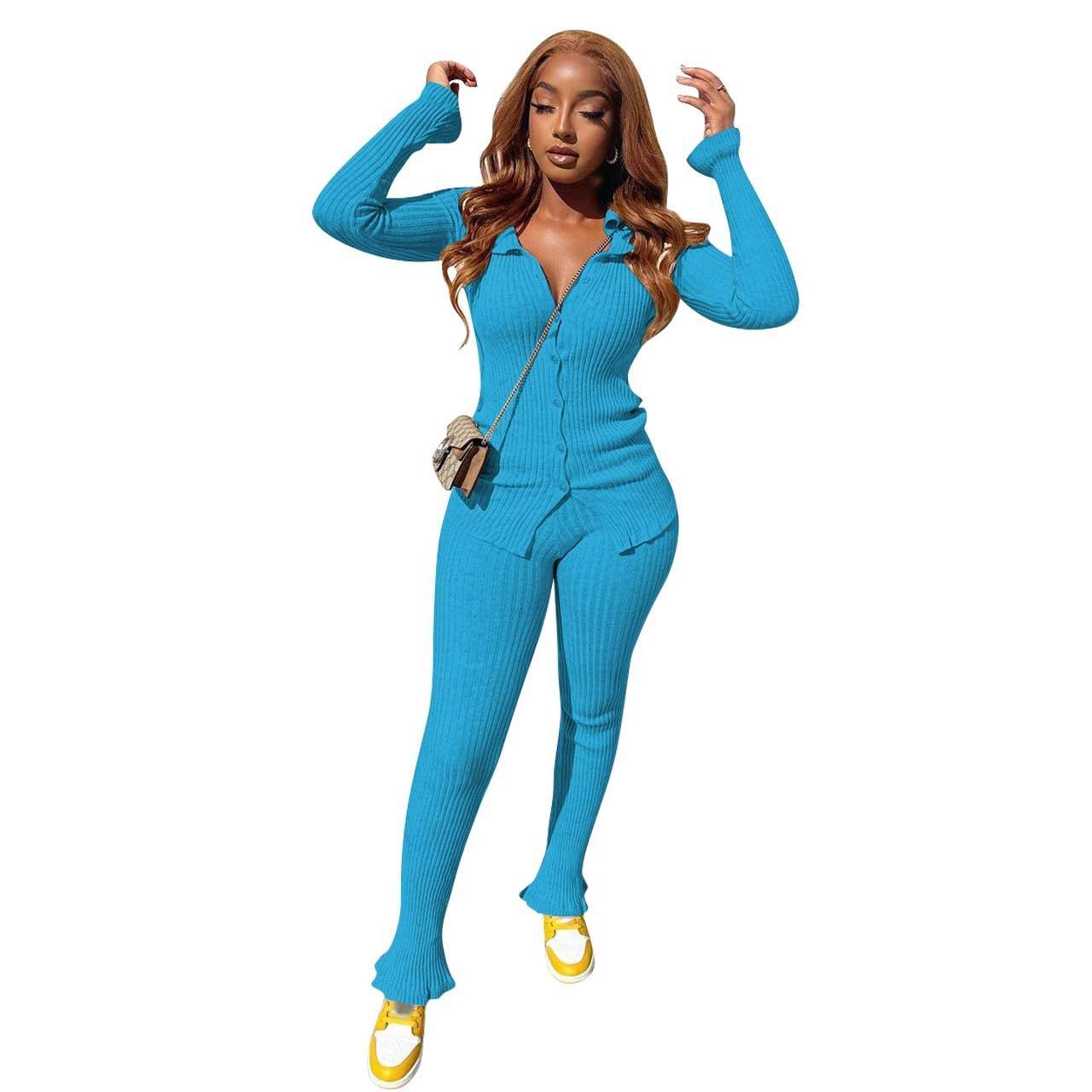 New Fashion Women Casual Slim fit Long sleeve Button down Athleisure wear 2pcs Outfit set