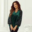 Elegant Fashion Sequined Long sleeve Suede V-neck Blouse top  women
