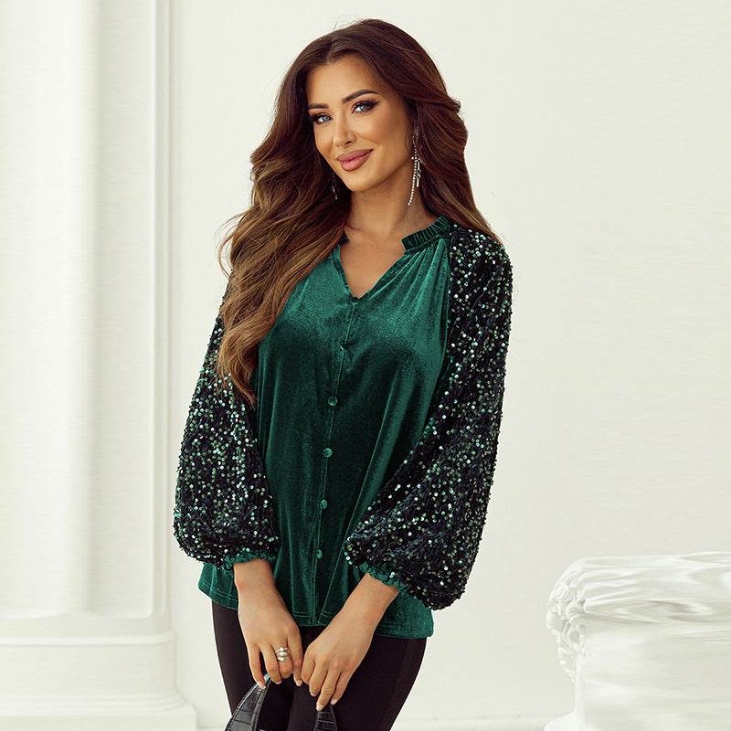 Elegant Fashion Sequined Long sleeve Suede V-neck Blouse top  women