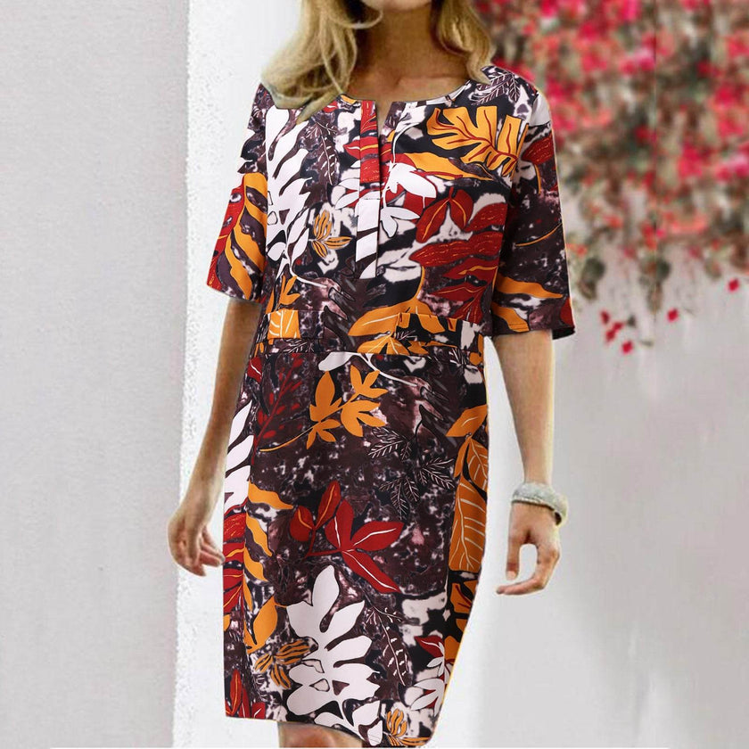 Women's Vintage Floral Print Midi Dress – Slit Round Neck Half Sleeve Summer Dress