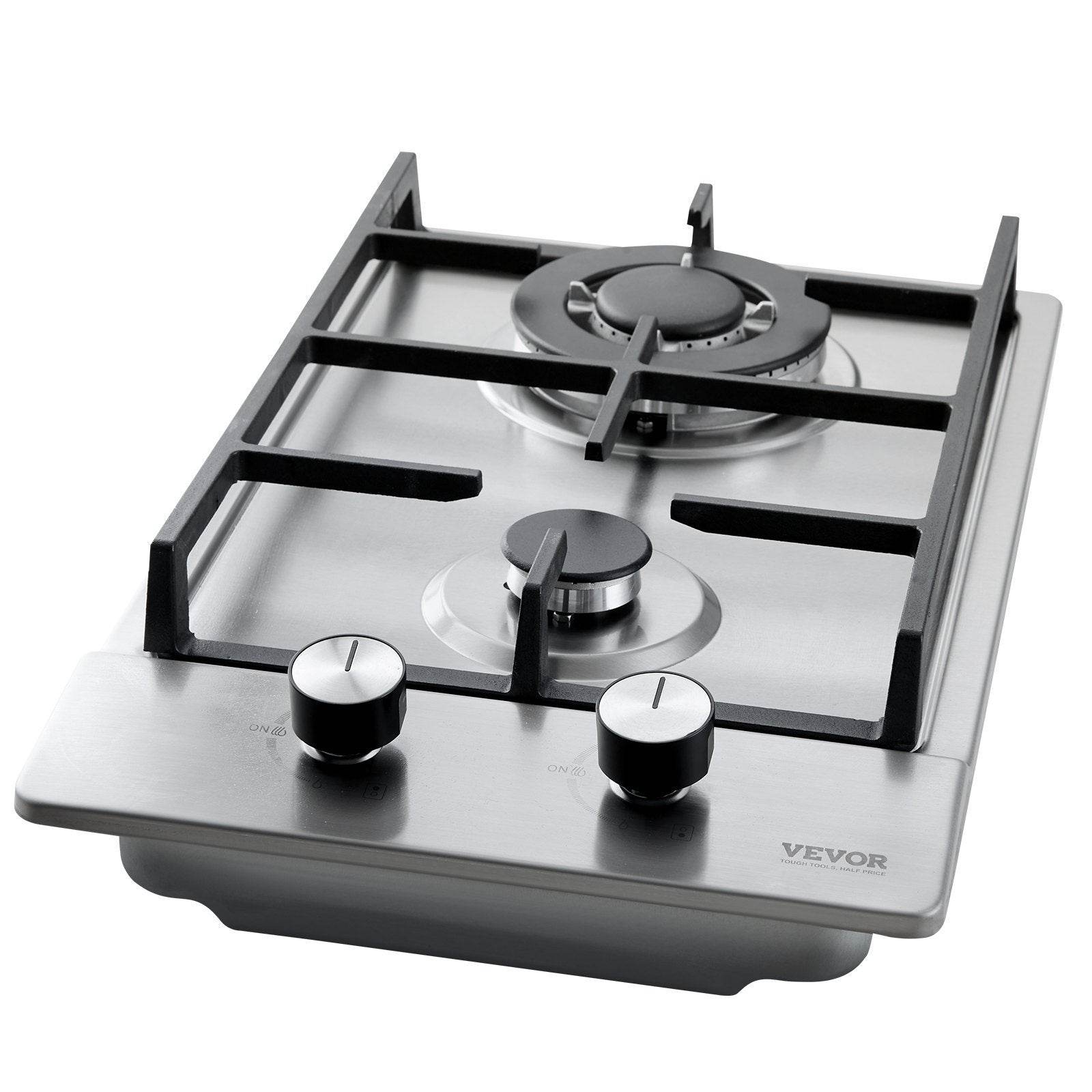 Gas Cooktop 12 Inch, Max 12250BTU 2 Burners Built-in Stainless Steel Gas Stove Top, LPG NG Convertible Dual Fuel Natural Gas Hob With Thermocouple Protection