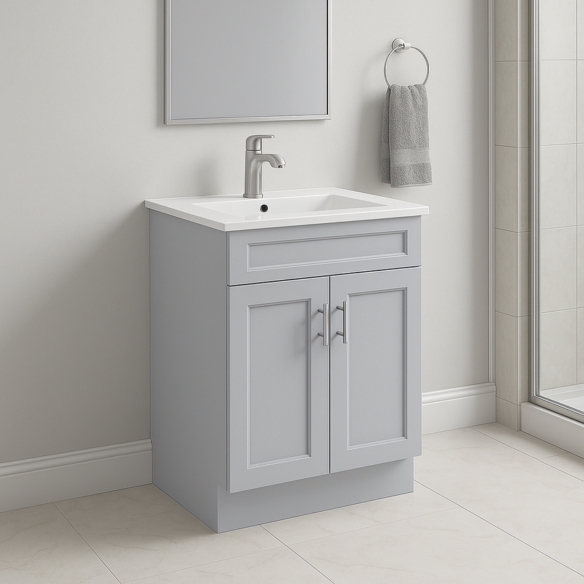 30-Inch Shaker Bathroom Vanity — White or Gray | Plywood Cabinet, Solid-Wood Doors, Soft-Close 3-Way Clip-On Hinges, Natural Wood Interior