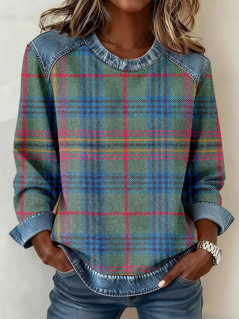 Denim Collar Long Sleeve Patchwork Knit Pullover Top – 16 Colours, S–XXXL