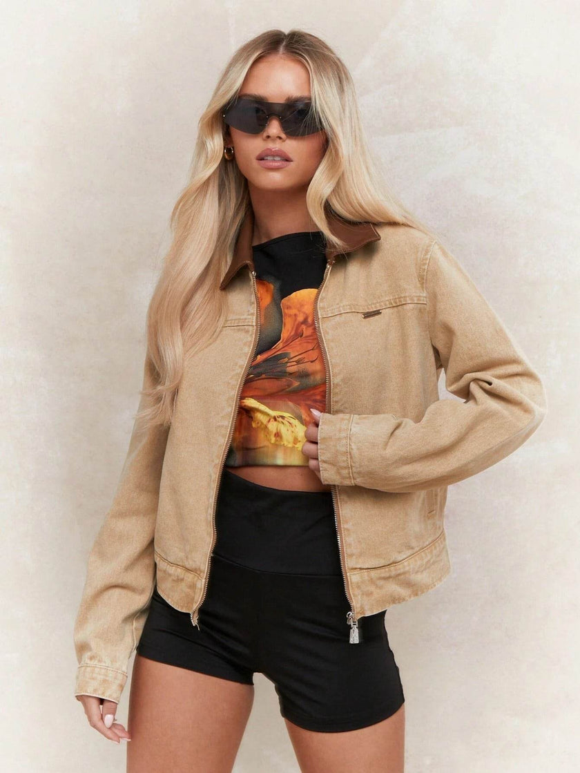 Apricot Collar Zipper Denim Jacket For Women