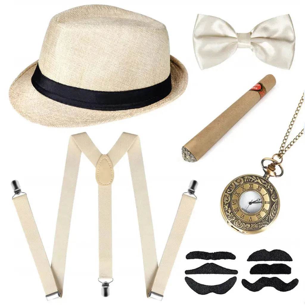 Party Men's Top Hat Pipe Pocket Watch Strap Tie Fake Cigar Set