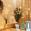 Ramadan Solar Lights, Outdoor Waterproof Moons Stars Curtain Window String With 8 Modes Timer Remote ,USB Rechargeable Connectable Warm White Hanging Decor For Patio