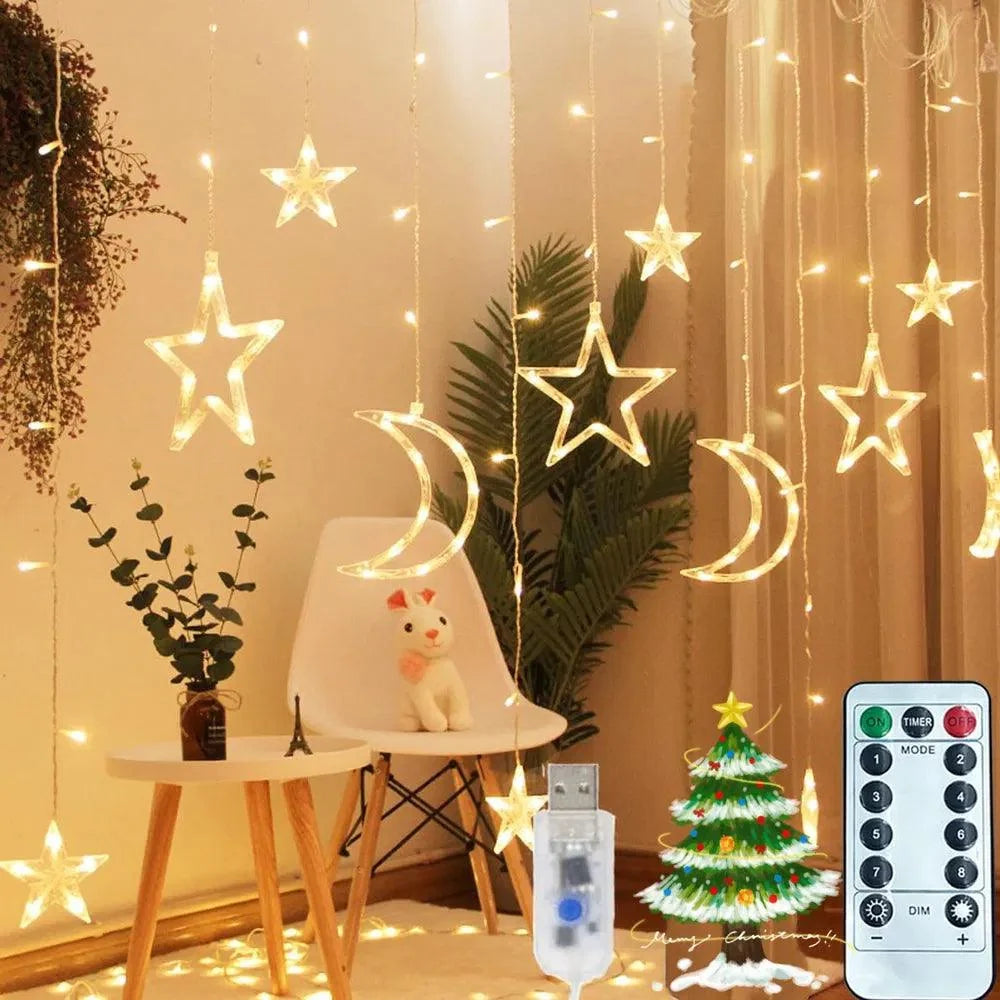 Ramadan Solar Lights, Outdoor Waterproof Moons Stars Curtain Window String With 8 Modes Timer Remote ,USB Rechargeable Connectable Warm White Hanging Decor For Patio